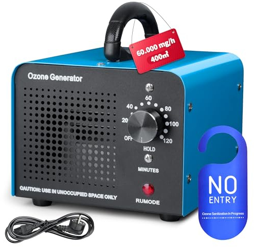 Ozongenerator 60.000 mg/h Ozongerät bis zu 400 ㎡, Ozon Luftreiniger mit 120 Min Timer, Geruchskiller Geruchsneutralisierer für Auto, Rauch, Wohnung, Küche, Haustiergerüche (Dunkelblau)