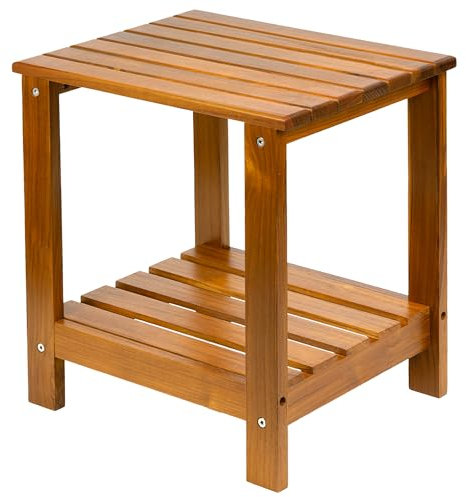 VaeFae Tavolino in legno di teak con ripiano portaoggetti, tavolino laterale a 2 ripiani, sgabello angolare per doccia