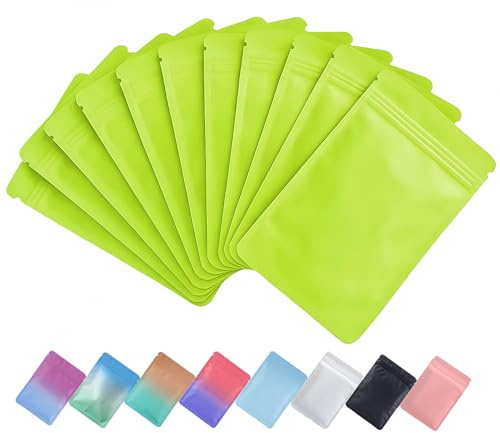Plaphy 100 Bolsas Mylar de Aluminio Herméticas con Cierre Zip(Verde,9x16cm) | Bolsas Zip Planas de Colores Mate, Bolsas de Embalaje para Organización y Almacenamiento de Alimentos y Productos Pequeños
