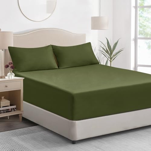 Tifschlaf King Size Fitted Sheet Deep - Olive Green Kingsize Bed Sheet Extra Deep Pocket 16 inch (40 cm), Soft Brushed Microfiber Mattress Bottom Bedding Sheet, 150x200cm