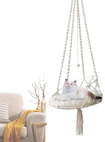 Yaztauho Katze Hängematte - 40x90cm Boho Makramee Katzenschaukel Hängematte, Baumwolle Hängen Fensters Hängemattes, Mit Haken Und Abnehmbarem Kissen, Für Drinnen Und Draußen Spielen, Klettern