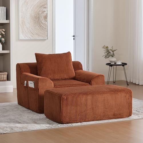HAUSPROFI Schlafsessel aus Cord, 147x110x67cm Sofa Sessel mit Hocker, Seitentaschen und Kissen, Boneless Sofa für Wohnzimmer, Schlafzimmer Keine Montage Erforderlich (Orange, 147x110x67cm)
