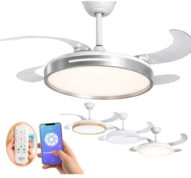 JARDIN202 - Ventilador de Techo con Aspas Retráctiles, Motor DC, Temporizador, Luz LED Regulable, Mando a Distancia, 6 Velocidades | 50 cm (Conil Wifi Plata)