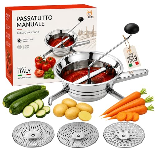 Akitaink Passatutto 20 cm in Acciaio Inox 18/10, Passaverdure Manuale con 3 Filtri Intercambiabili e Piedini Pieghevoli