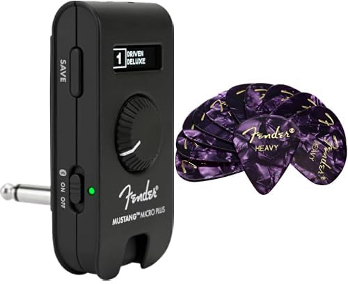 Fender Mustang Micro Plus Guitar Amp with Premium Celluloid Picks Heavy Purple 12-Pack