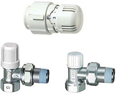 Kit valvola + detentore a squadra + testa termostatica attacco ferro 3/4