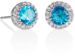 namana Pendientes Pequeños Mujer con Piedras de Circonitas Azul Claro, Pendientes de Tuerca para Mujer, Pendientes Azul Claro Mujer, Pendientes Botón con Caja de Regalo