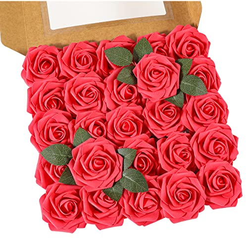 Ruiuzioong Fiori Rosa Artificiali 25 Pezzi Rose Finte Schiuma Aspetto Reale con Foglia e Gambo Regolabile per DIY Matrimoni Mazzi Nuziale Festa Casa Stanza Decorazioni (rosso, 25 Pezzi)