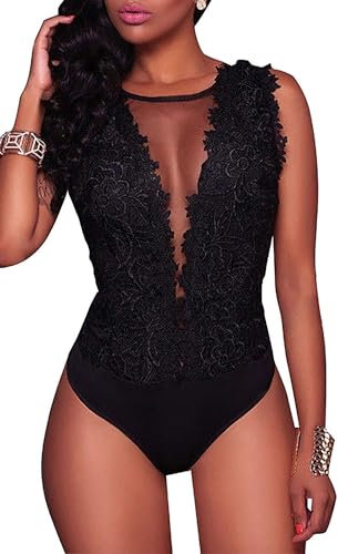Loalirando Tuta in Tulle e Pizzo Donna Senza Maniche Babydoll Scollo a V Aperto Dietro Trasparente Sexy,Nero,M