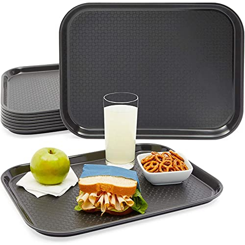 Okuna Outpost Paquete de 8 bandejas de plástico negro para servir, 16 x 12 pulgadas, antideslizantes, color negro, bandejas de comida para cafetería para almuerzo escolar y servicio de comida rápida