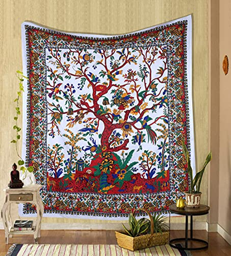 THE ART BOX Arazzo bianco albero della vita appeso da parete arazzi psichedelici cotone indiano doppio copriletto picnic piatto da parete decorazione soffitto parete arte