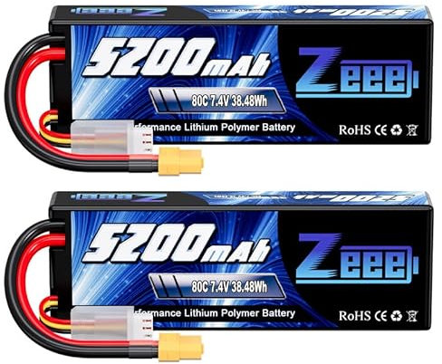 Zeee 2S Lipo Battery 5200mAh 7.4V 80C Hard case Battery with XT60 Plug for 1/8 1/10 RC Vehicles Car RC Buggy Truggy RC Airplane UAV Drone(2 Packs)