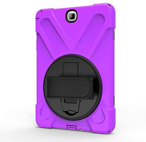 Chstls Funda para Samsung Galaxy Tab A 9.7 Resistente 3 Capa Híbrido Protectora Cubierta con Incorporado Kickstand/Correa para el Hombro+Correa de Mano - Morado