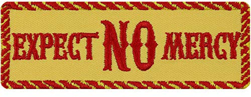 Biker Aufnäher/Aufbügler/Patch Expect no mercy Jeans Flicken/Bügelbilder zum annähen/aufbügeln | Boxer Geschenk Motorradfahrer Applikation für alle Stoffe | gelb 100x35mm