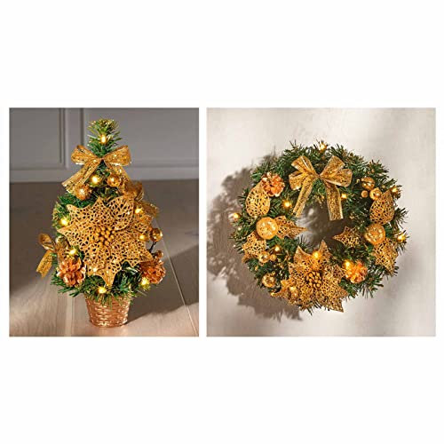 Künstlicher LED Weihnachtsbaum 30 cm & Tür Weihnachtskranz Ø 30 cm Gold Weihnachtsdeko Tannenbaum Wandkranz Beleuchtet