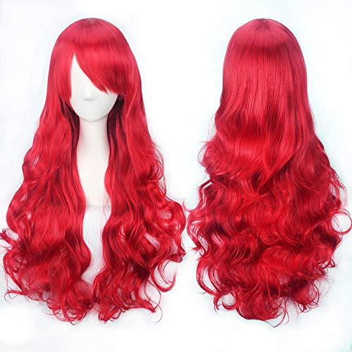 YEESHEDO Rot Cosplay Perücke für Frauen Langes Gewelltes Haar Synthetische Perücken mit Pony für Halloween Party Kostüm Anime 32 Zoll 80 cm