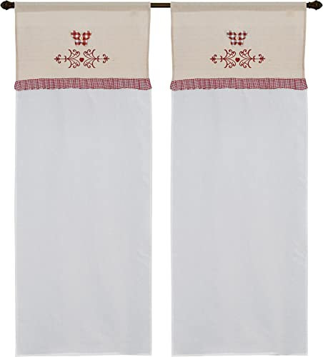 coppia di tendine a vetro da cucina art valence shabby tessutto effetto lino seta in poliestere con applicazione farfalla motivo scozzese e inserti provenzali mis 60x240cm dis gran tirolo rosso