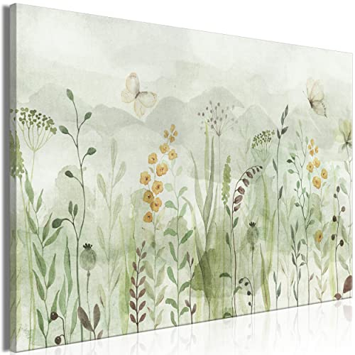 decomonkey Bilder Pflanzen 90x60 cm 1 Teilig Leinwandbilder Bild auf Leinwand Vlies Wandbild Kunstdruck Wanddeko Wand Wohnzimmer Wanddekoration Deko Wiese Blumen Natur wie gemalt Schmetterling Grün