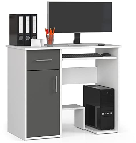 AKORD | Escritorio Jay para PC con Estante para Teclado | Mesa de Oficina y Ordenador | L90 x H74 x P50 cm 29 kg | Blanco y Gris Grafito