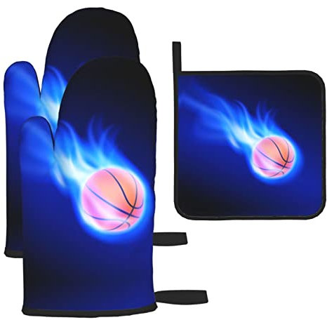 Guanti da forno e presine per palline da basket blu fuoco, resistenti guanti da barbecue con anello da appendere, per cottura in cucina