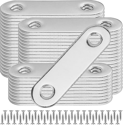 FUNSUEI Lot de 50 supports plats en acier inoxydable, petits supports métalliques plats, plaques de connexion en métal avec vis, plaques d'angle plates pour fixation de meubles en bois, 56 x 16 mm