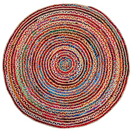 RIANGI - 152 cm runder handgewebter Jute-Chindi-Teppich – bunte runde Boho-Teppiche für Wohnzimmer – handgeflochtener mehrfarbiger Bohemian-Teppich für Bauernhaus, Schlafzimmer, Esszimmer,