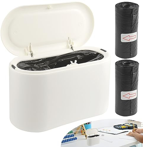 FAELNK Cubo De Basura De Mesa Con Tapa De Resorte Mini Papelera Escritorio Pequeña Con 2 Rollos De Bolsas De Basura Para Escritorio BañO Cocina Dormitorio Oficina Coche 2L