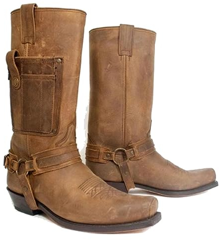 Western Cowboy Stiefel Männer Stiefel Square Toe PU Leder Stiefel Vintage Leder Steampunk Ritter Schuhe Low Heel Mid Tube Rider Pferd Motorrad Stiefel für Cos Props,Braun,42
