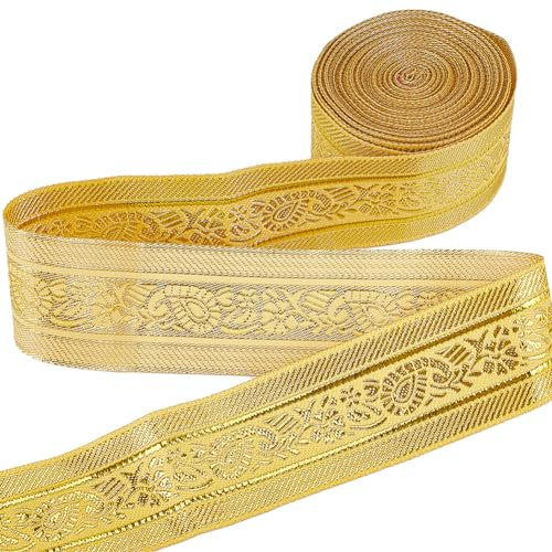 GORGECRAFT Cinta Tirolesa de Jacquard de 7m Adorno Étnico de 33mm con Purpurina Dorada Metálica Adorno Tejido Floral para Accesorios de Costura de Bricolaje Envoltura de Regalos Fabricación de Bolsas