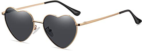 qinqilanqi-S Polarised Love Heart Sunglasses for Women Vintage Fashion Gold Metal Frame Cute Party Festival Glasses UV400 Protection(Gold/Dark Grey)