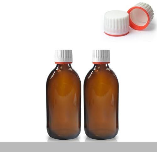 Fam Organic 200ml Refillable BPA Free Medical Medicine Amber Glass Bottles with White Temper Evident Lids (Pack of 2)