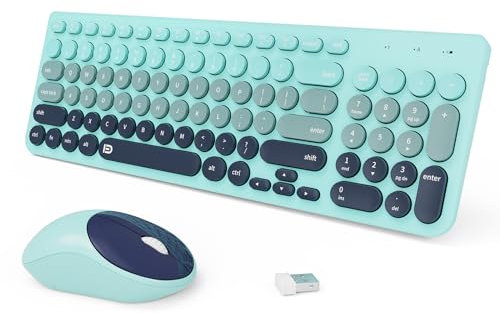 Tastiere wireless combo mouse, colorato carino macchina da scrivere full-size retro tasti rotondi 2,4 GHz connessione senza fili modalità sleep set tastiera e mouse wireless da ufficio per desktop