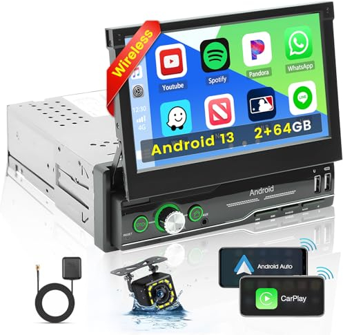 2+64GB Android 1 Din Autoradio con Schermo Retrattile, 7 Pollici Touchscreen Radio con GPS/WiFi FM/APE/FLAC DVR, Bluetooth Stereo Auto Supporto Mirror Link per iOS/Android+Retrocamera