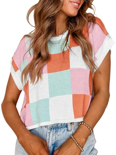 Saodimallsu Womens Cap Sleeve Crop Tops Summer Color Block Going Out Crew Neck Knit Trendy Casual Sweater A-Pink