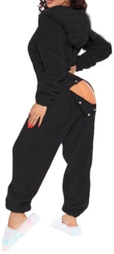 MANGGUO Tuta Sexy da Donna in Pile con Cappuccio e Orecchie, Tuta da Donna con Patta sul gluteo, Pigiama Intero in Peluche