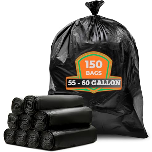 Lot de 150 sacs poubelle de 150 gallons – Grands sacs poubelle noirs, sacs poubelle de 50 à 60 gallons pour usage commercial et pelouse