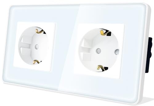 TAWOIA Schuko Steckdose, EU-Standard 2 Fach Unterputz Mit 2,5D Curved Glas Platte, Wandsteckdosen Weiß 86 * 157mm