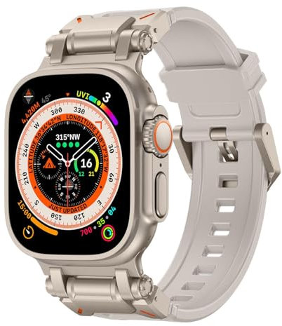 Sport Band for Apple Watch Ultra 2/Apple Watch Ultra Bands 49mm 45mm 44mm 42mm for Man, Durable Silicone Rubber Band with Metal Connector iWatch Ultra 9 8 7 6 5 4 3 SE(Titanium Adapter-Starlight)