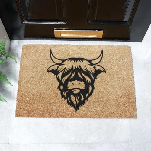 Artsy Mats - Highland Cow Coir Doormat - Made from Tufted Coconut Fibre - Non-Slip Natural Rubber Backed Doormats Indoor - Heavy Duty, Decorative OutDoormats, (60x40cm)