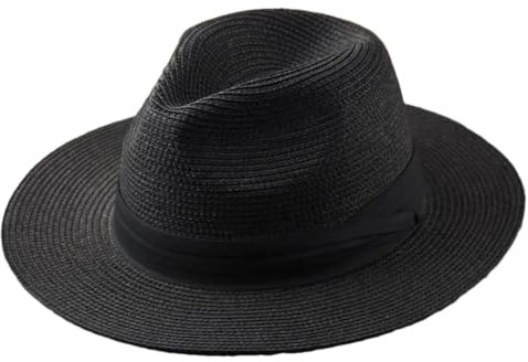 Grande taille Panama Chapeaux Lady Beach Chapeau de paille à large bord Chapeau de paille Homme Summer Sun Cap Plus Size Fedora Hat, Noir , 60-64cm