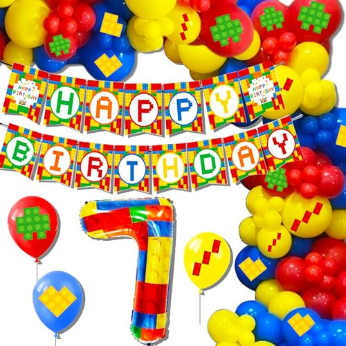 7th Birthday Decoration Building Blocks Themed Birthday Party Decorations Building Blocks Balloons Banner Colorful Themed Birthday Party Pack Supplies Number 7 Balloons