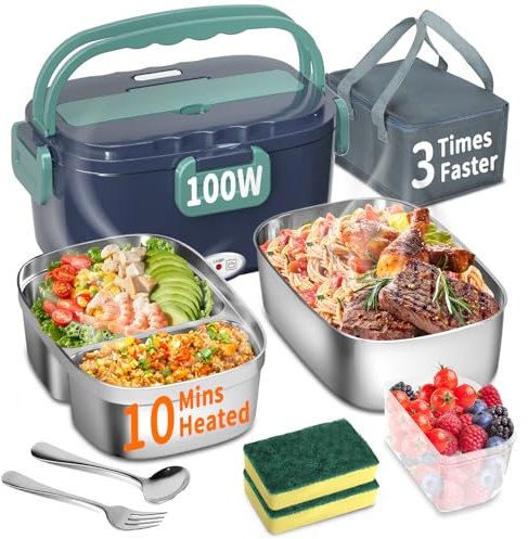 SOOOEC Contenitore per il pranzo elettrico 100 W, 3 in 1, 1,5 l, contenitore per il pranzo riscaldato portatile, in acciaio inox, 12 V/24 V/220 V, per auto, camion, ufficio, con tasca isolata (due
