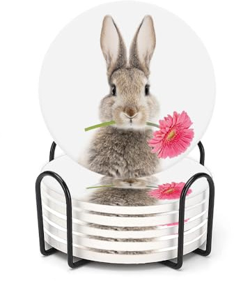Getränkeuntersetzer für Getränke, 6 Stück, Osterhase mit Gänseblümchen, saugfähig, rund, Keramik-Steinmatten-Untersetzer, mit Korkboden und Metallhalter, Heimbar, Dekoration, Hauseinweihungsgeschenk