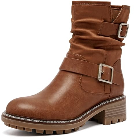 Ruiee Women's Ankle Boots Slouchy Flat Ladies Booties Low Chunky Heeled Riding Combat Boot Comfortable Casual Round Toe Short Boots for Women.240963 Tan MF UKSize7.5