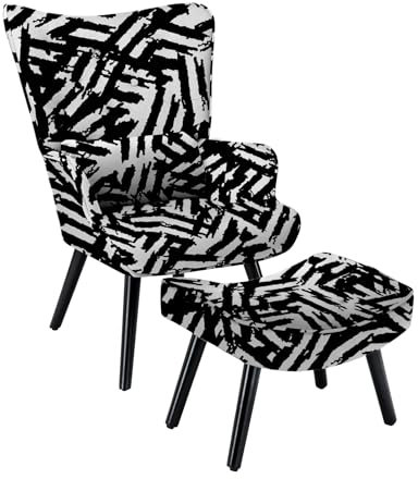 Matomn Relaxsessel mit Hocker Patchwork Sessel Holz Sessel Wohnzimmer moderner Ohrensessel mit Massivholzfüße Fernsehsessel Leinen Loungesessel Stuhl (Zebra)