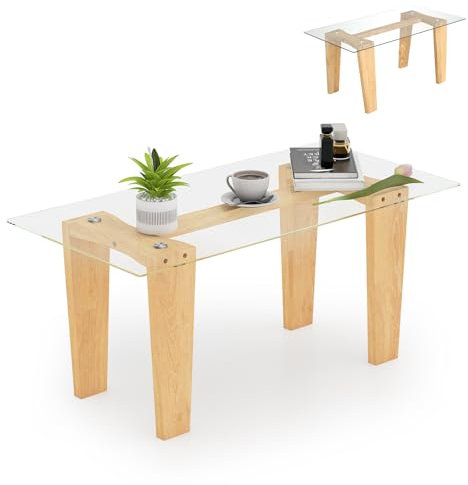 LIFEZEAL Mesa de Centro Cristal Templado, Mesa de Café con Patas de Madera Maciza, Esquinas Redondeadas, Mueble Moderna para Salón, MAX 40 kg, 100x50x41cm