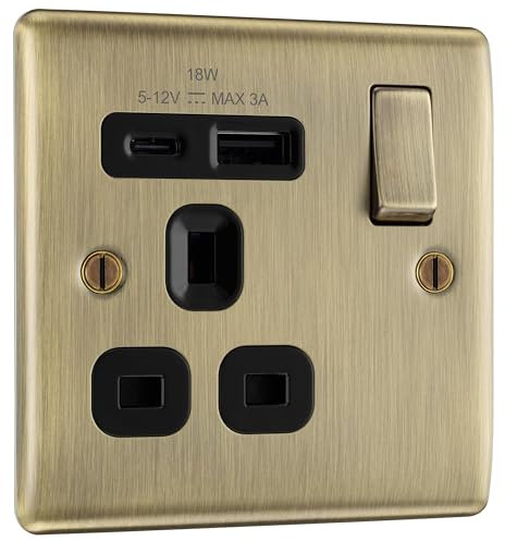 BG Electrical Single Switched Power Plug Wall Socket with Type A USB and Type C USB Charging Ports, Fast Charge, Raised and Slim Profile, Round Edges, Nexus Metal, Antique Brass, 13A 18W, NAB21UAC18B