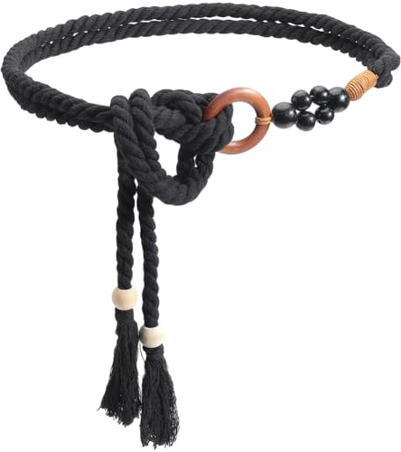 CRASPIRE Cintura Nera Bohémien Cintura in Corda Boho Cintura in Cotone Fatta A Mano con Nappa Annodata Anello per Perline in Vita Abbigliamento Decorativo Catena Lunga e Sottile retrò Intrecciata