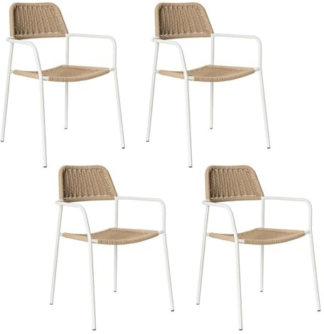 LOLAhome Pack de 4 Silla Deluxe Milos para jardín, Acero Blanco y Cuerda Trenzada Beige, 55x55x83 cm, Ergonómica y Apilable, Tratamiento Anticorrosión y Duraderas, Calidad y Diseño