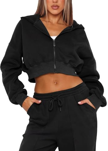Navneet Women Zip Up Hoodie Cropped Hoodies Casual Sweatshirt Workout Gym Jackets Y2k Going Out Tops Black M